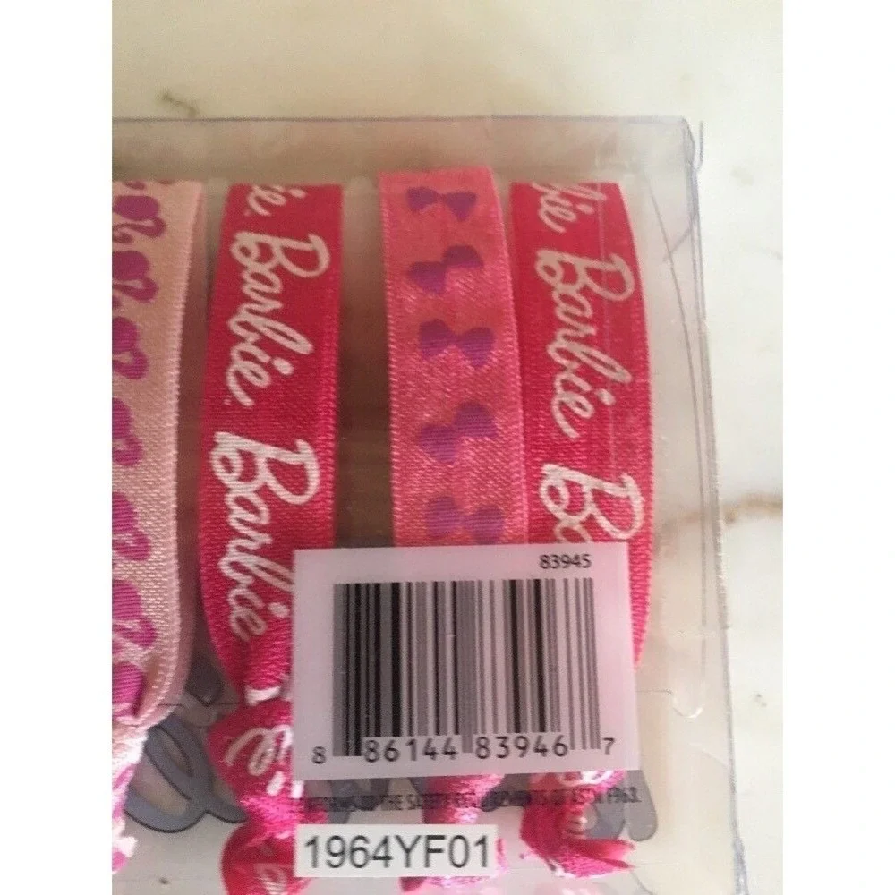 Barbie Ribbon Hair Ties Pink 8 Pack Logo Silhouette Bow Patterns‎ Mattel 2013